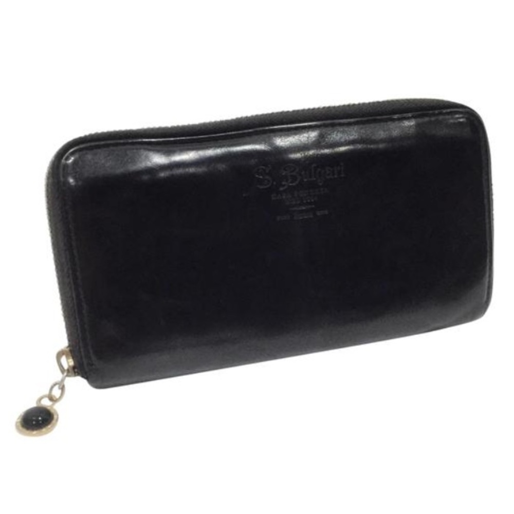 Bvlgari black smooth leather embossed logo zip wallet